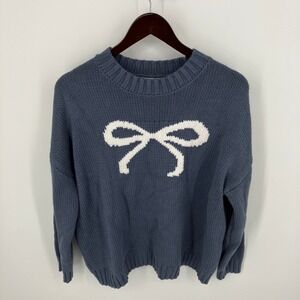 Blue Bow Intarsia Shaker Knit Sweater M Coquette Balletcore Cute Pastel Relaxed